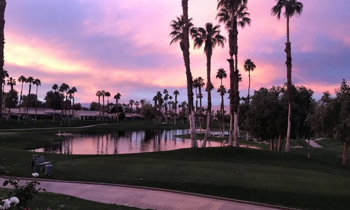 Palm Desert Condo | Stunning elevated mountain and lake views at Palm Valley Country Club!
